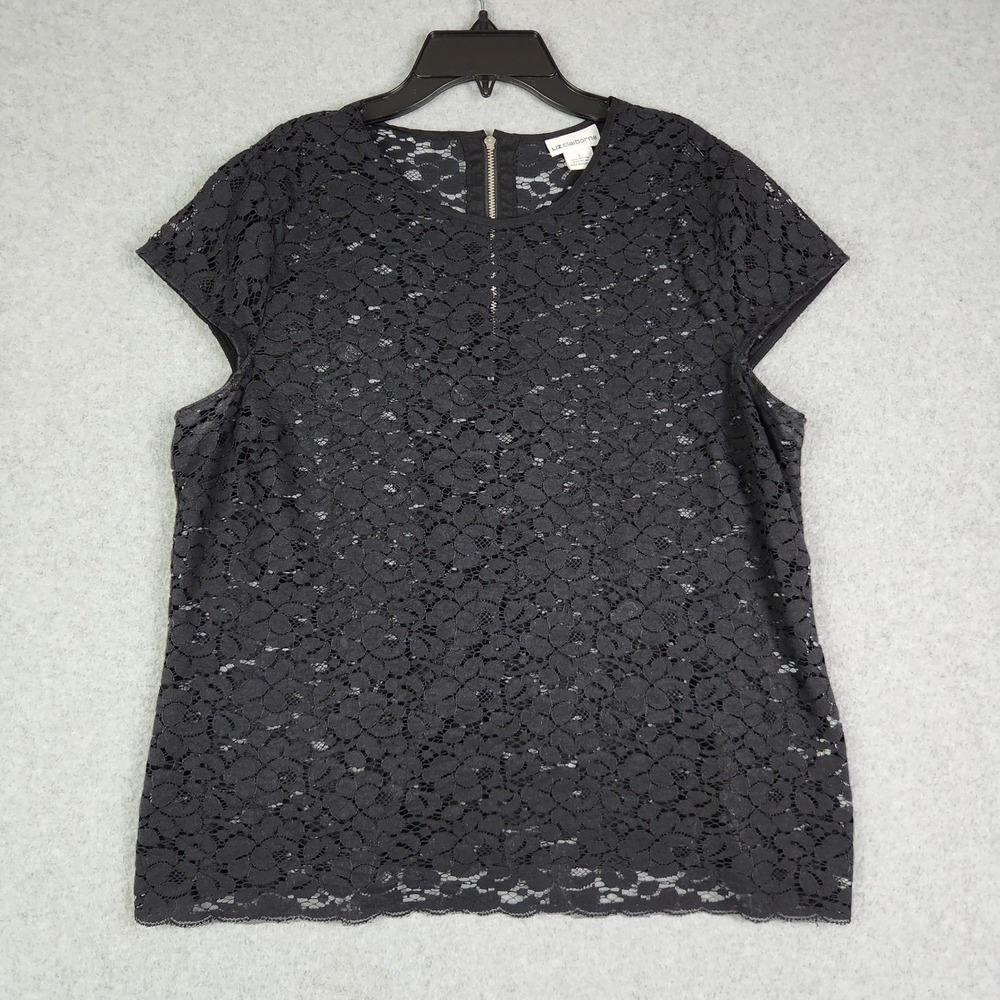Liz Claiborne Blouse Top Womens Large Black Floral Allover Lace Cotton Back Zip